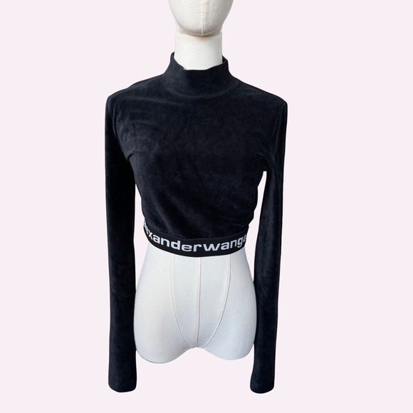 T by Alexander Wang Corduroy Cropped Logo Elastic Top in Black Small - Picture 2 of 5